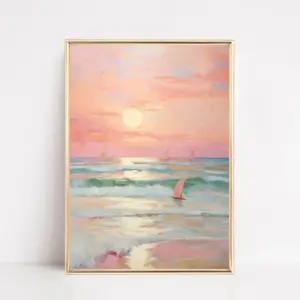 Pastel Sunset Print Blush Pink Coastal Beach Preppy Ocean Painting Poster Boho Wall Art Decor Girly Dorm Teen Room Prints Framed