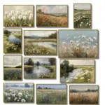 Vintage River Landscape Dandelion White Tulip Wildflower Field Countryside Poster Canvas Painting Print Wall Art Home Decor