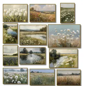 Vintage River Landscape Dandelion White Tulip Wildflower Field Countryside Poster Canvas Painting Print Wall Art Home Decor