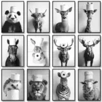 Black White Funny Bathroom Poster Animals with A Toilet Paper Roll on Head Canvas Painting Print Wall Art Picture for Home Decor