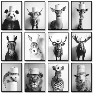 Black White Funny Bathroom Poster Animals with A Toilet Paper Roll on Head Canvas Painting Print Wall Art Picture for Home Decor