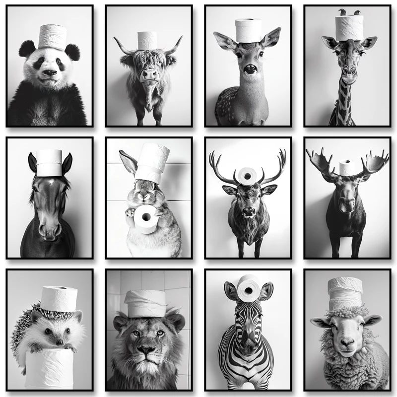 Black White Funny Bathroom Poster Animals with A Toilet Paper Roll on Head Canvas Painting Print Wall Art Picture for Home Decor