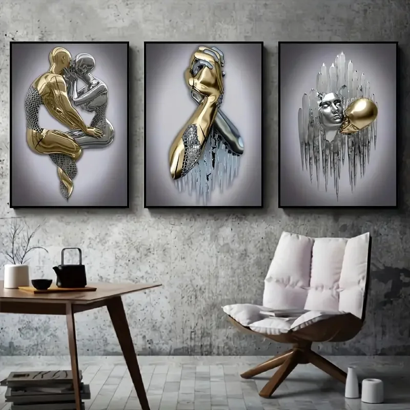 3pcs Canvas Poster Metal Figure Statue Art Canvas Painting Decor Romantic Abstract Poster Modern Art Living Room Bedroom Decor - Image 3