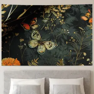 1pc Butterfly and floral print tapestry, polyester fabric, machine washable, suitable for bedroom and living room