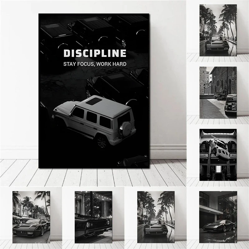Nostalgic Retro Fashion Black And White Luxury Car Art Poster Canvas Printing Living Room Sofa Background Wall Modern Decoration