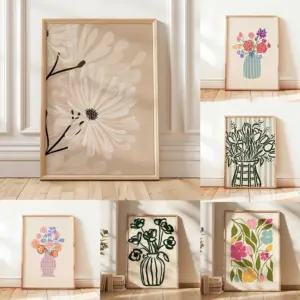 1pc Retro Beige Floral Line Printing,Simple Canvas Painting,Frameless Modern Plant Wall Decor for Living Room,Housewarming Gifts