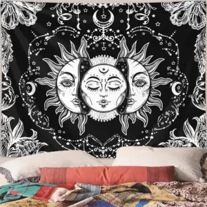 1pc Sun Moon Tapestry, Burning Sun and Stars Tapestry, Black and White Mysterious Tarot Card Tapestry