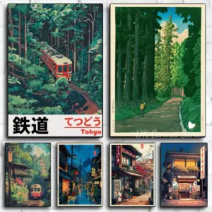 Japanese Tokyo Train Forest Canvas Print Poster Japan Anime Travel Landscape Street Art Prints Living Room Wall Art Home Decor