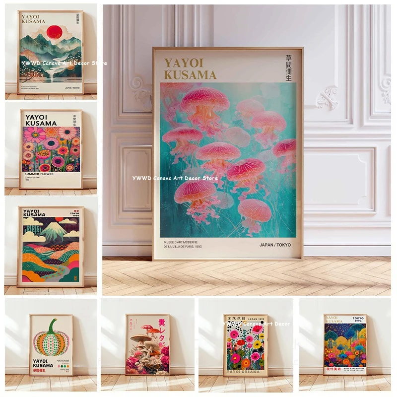 Yayoi Kusama Pink Jellyfish Canvas Poster Japan Mount Fuji Abstract Geometric Wall Art Prints Used in Modern Museum Home Decor