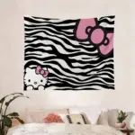 Sanrio Hello Kitty Anime Tapestry - Black & White Zebra Print with Pink Bow for Bedroom Decor, Party & Birthday Gift Flat Print