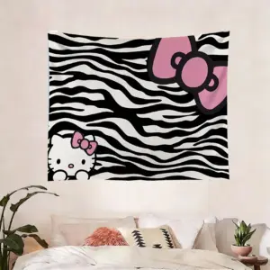 Sanrio Hello Kitty Anime Tapestry - Black & White Zebra Print with Pink Bow for Bedroom Decor, Party & Birthday Gift Flat Print
