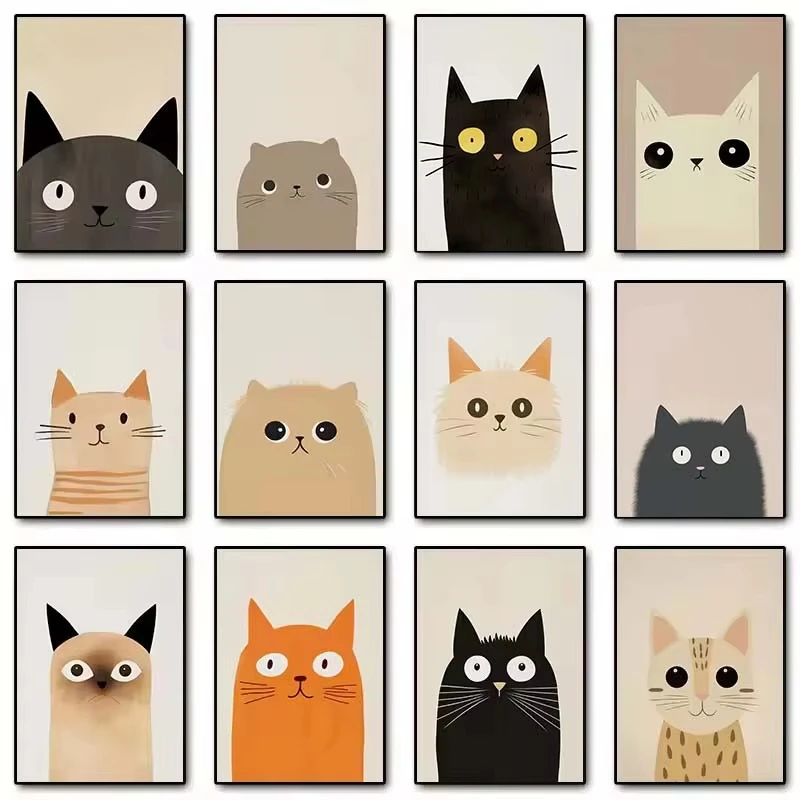 Minimalist Cute Cat Art Poster Modern Cartoon Animal Canvas Painting Printing Home Bedroom Living Room Kids Room Decoration