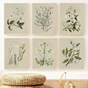 6PC Neutral Botanical Prints Set Vintage Floral Flower Wall Art Gallery Unframed Poster Living Room Bedroom Home Decor Farmhouse