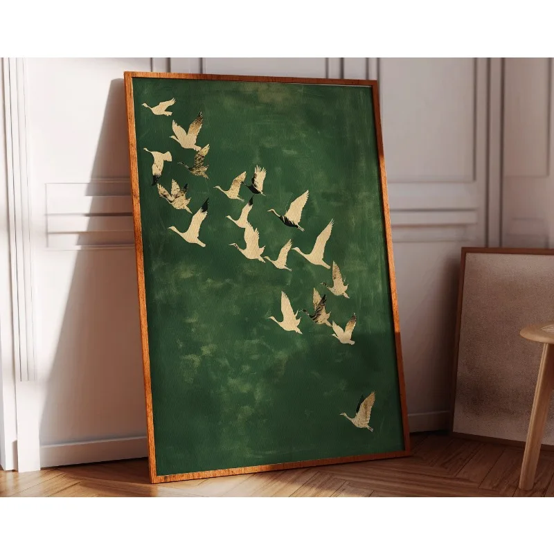 Emerald Green Cranes Poster Gold Accents Japanese Large Bird Artwork Canvas Painting Wall Art for Living Room Home Decor Gift - Image 2
