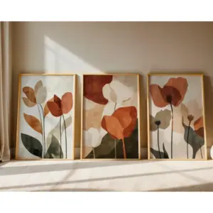 Set of 3 Neutral Floral Print Set: Abstract Botanical Art, Earth Tones, Digital Download
