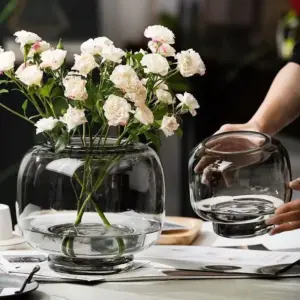 Transparent Glass Vase with Circular Large Mouth Design Living Room Dining Table Hydroponic Flower Arrangement Dual-use Ornament