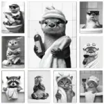 Funny Otter & Raccoon Bathroom Canvas Poster Cat Drinking Animals Black & White Wall Art Mural for Modern Living Room Home Decor
