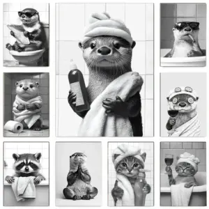 Funny Otter & Raccoon Bathroom Canvas Poster Cat Drinking Animals Black & White Wall Art Mural for Modern Living Room Home Decor