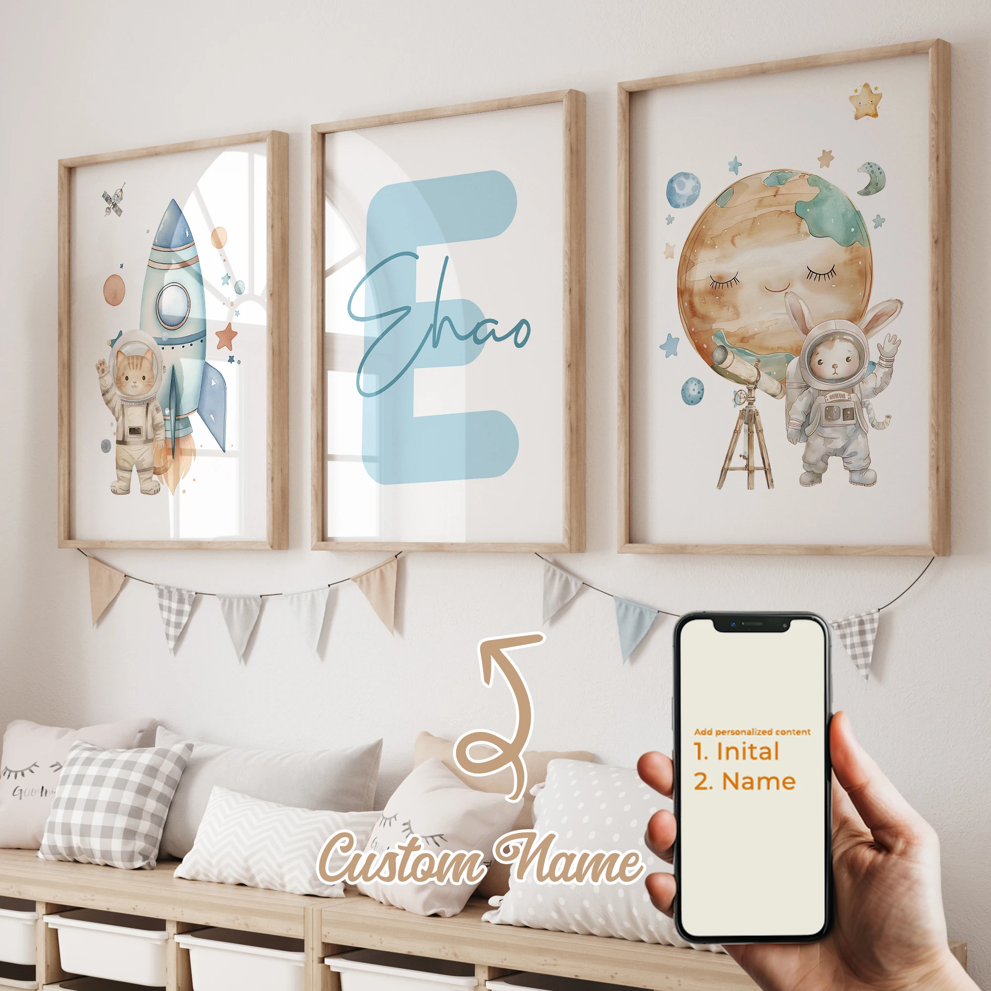 3pcs Personalized Custom Name Cartoon Planet Astronaut Wall Art Print Picture Canvas Poster Painting For Living Room Home Decor - Image 3