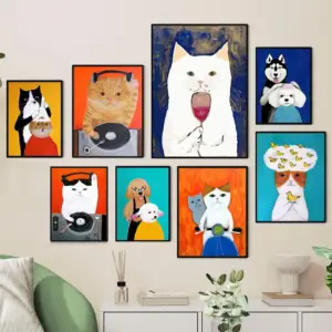 Funny Cartoon Animal Poster Modern Nordic Wall Art Dog Cat Beauty Salon Canvas Painting Cat Playing Guitar Print Home Room Decor