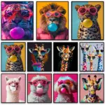 Funny Color Animal Bubble Posters Canvas Painting Prints Cute Giraffe Tiger Sheep with Glasses Wall Art for Home Cafe Bar Decor