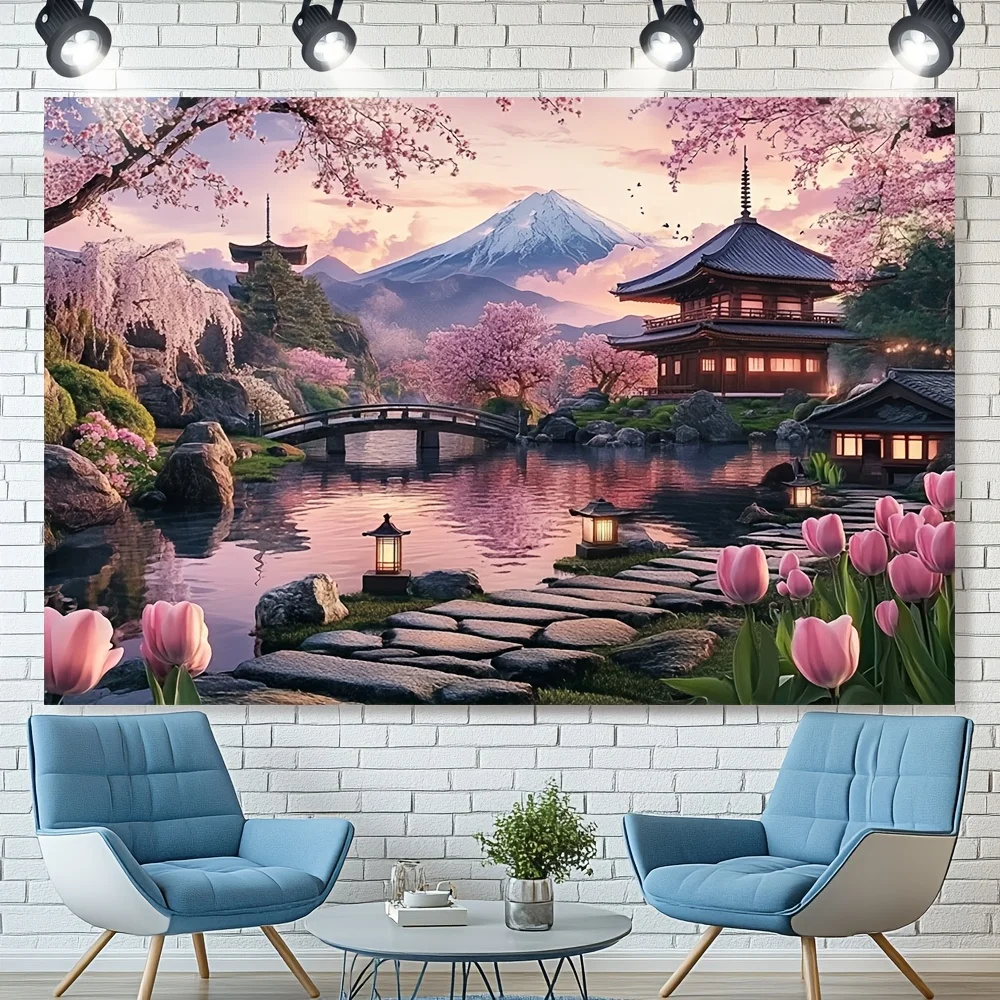 Cherry Blossom Temple Tapestry - Perfect for Home Décor, Adding a Touch of Nature and Tranquility to Your Living Space - Image 5