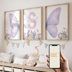 3pcs Personalized Custom Name Cartoon Butterfly Wall Art Print Picture Canvas Poster Painting For Living Child Room Home Decor
