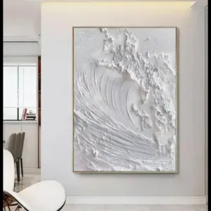White Abstract Minimalist Ocean Wave Textured Canvas Wall Art | Wabi-Sabi Beach Painting for Living Room Decor