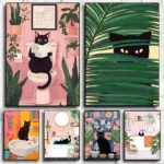 Funny Black Cat Reading Newspapers on The Toilet Canvas Print Green Pink  Animal Wall Art Poster for Modern Bathroom Home Decor