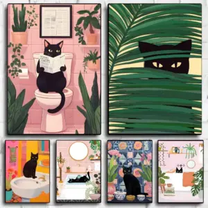 Funny Black Cat Reading Newspapers on The Toilet Canvas Print Green Pink  Animal Wall Art Poster for Modern Bathroom Home Decor