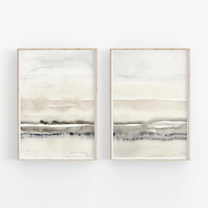Beige and Grey Abstract Canvas Painting Posters and Prints Nordic Wall Art Pictures for Home Living Room Decor Set of 2 - Image 2