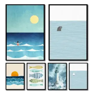 1pc Aesthetic Coastal Canvas Wall Art Seaside Beach Birds Fish House Decor Modern Ocean Waves Minimalist Print Vintage Poster