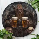 2D Flat - Viking Beer-Themed Circular Aluminum Wall Sign - 7.8" Norse Mythology Decor with Rumba Inscriptions, Skulls & Beer