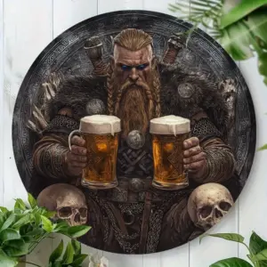 2D Flat - Viking Beer-Themed Circular Aluminum Wall Sign - 7.8" Norse Mythology Decor with Rumba Inscriptions, Skulls & Beer