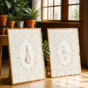 2pcs Frameless Cute Rabbit and Silly Goose Nursery Poster,Farmhouse Pollen Red Canvas Art,Living Room Decor,Whimsical Design