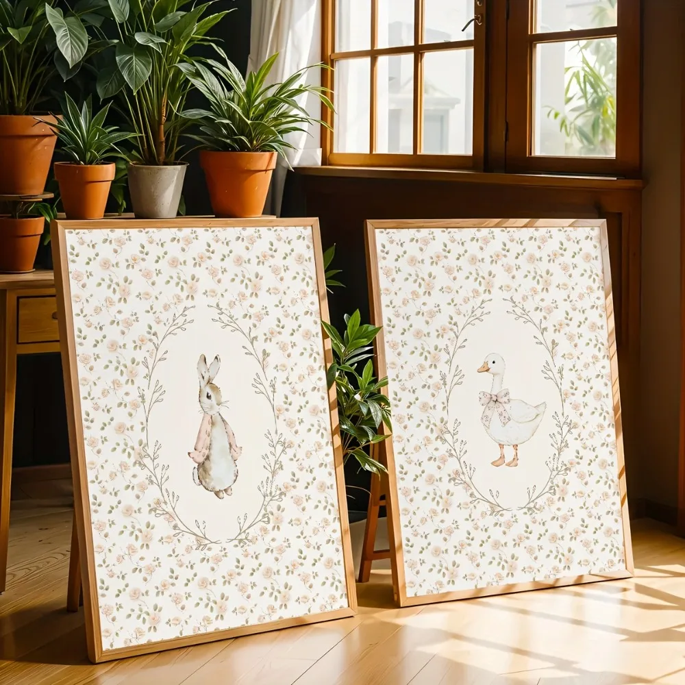 2pcs Frameless Cute Rabbit and Silly Goose Nursery Poster,Farmhouse Pollen Red Canvas Art,Living Room Decor,Whimsical Design