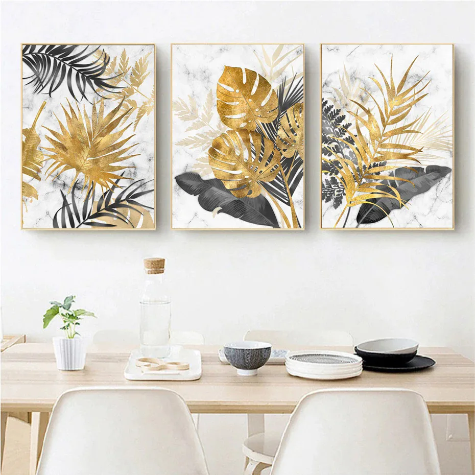 3 pieces Frameless modern luxury gold leaf art banana leaf canvas painting for corridors, living room sofa background - Image 2