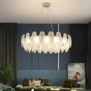 Modern Luxury Villa Led Chandelier Feather Glass Gold Metal For Living Room Bedroom Pendant Lights Home Decor Lighting Fixture