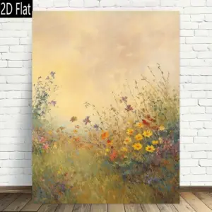 2D Flat, 1pc Wildflower Field Sunset Landscape Art Print - Frameless Vertical Canvas Wall Painting, Modern Retro Beige & Golden