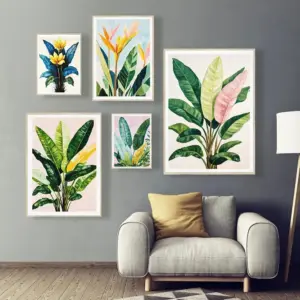 Tropical Plants Green Plants Golden Petals Aesthetic Posters Prints Modern Home Minimalist Style Decorative Art Canvas Painting