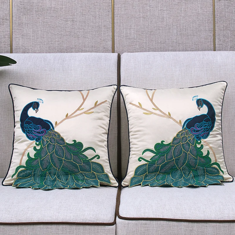 New Chinese Embroidered Peacock Throwing Pillow, Cushion, Sofa Cushion Cover, Bed Waist Pillow Cover - Image 2