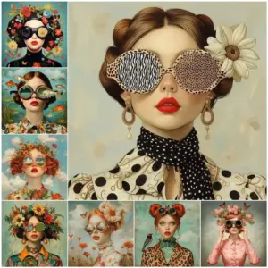 Glasses Woman With Flowers Nordic Boho Wall Art Canvas Painting Butterfly With Girl Portrait Poster For Living Room Home Decor