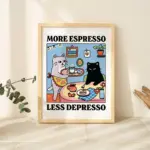 More Espresso Less Depresso Black Cat Wall Print, Coffee Cat Poster, Kitchen Art, Handmade Cat Coffee Poster, Coffee Bar, Unique
