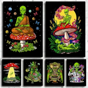 Psychedelic Trippy Magic Mushrooms Poster Canvas Painting Cartoon Science Alien Stoners Wall Art for Living Room Home Decoration