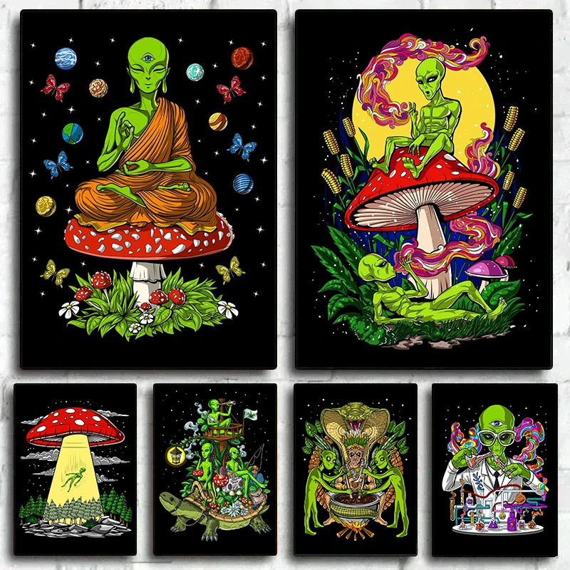 Psychedelic Trippy Magic Mushrooms Poster Canvas Painting Cartoon Science Alien Stoners Wall Art for Living Room Home Decoration