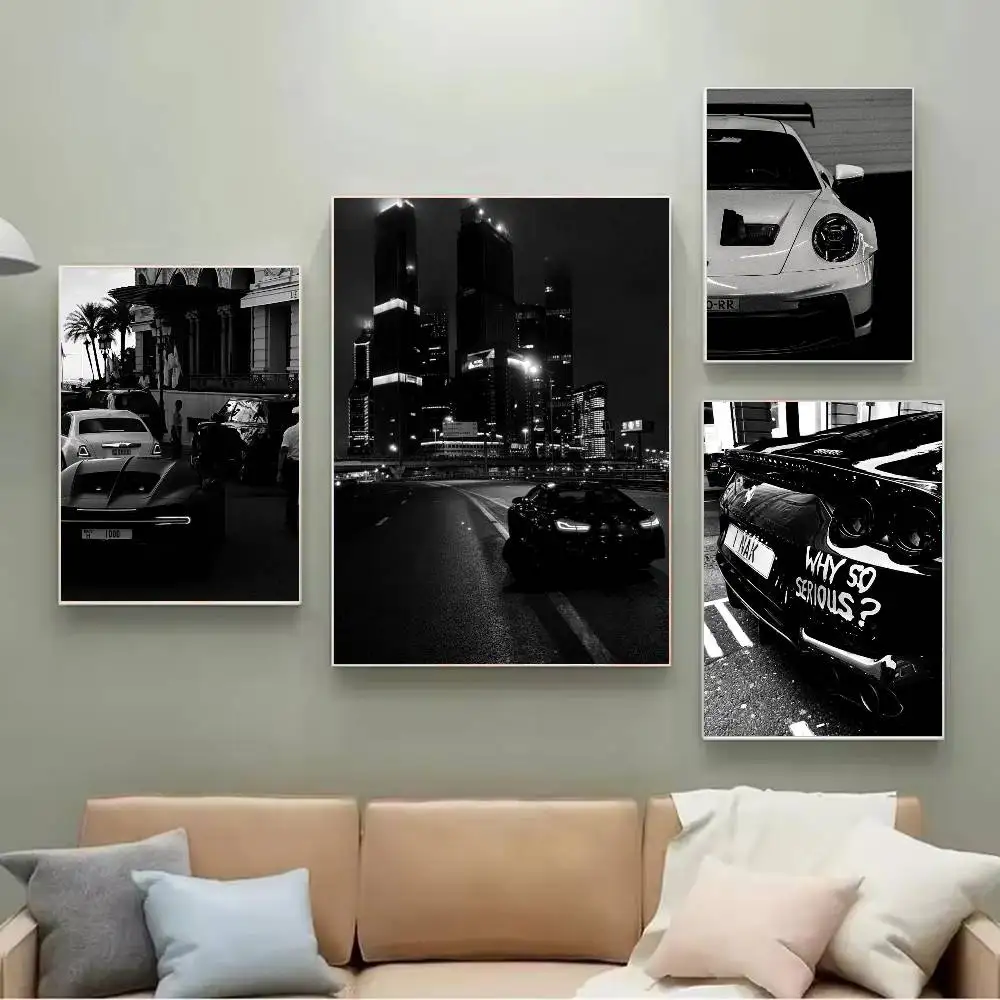 Street Luxury Car Black And White Style Poster Self-adhesive Art Waterproof Paper Sticker Coffee House Bar Room Wall Decor - Image 3
