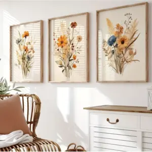 3pcs Frameless,Floral Poster Canvas Painting,Soft Aesthetic Plant Painting for Bedroom,for Modern Farmhouse Decor,Bathroom Decor
