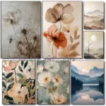 Floral Botanical Beige Floral Vintage Style Peony Flower Abstract Boho Wall Art Poster Canvas Painting Wall Pictures Home Decor