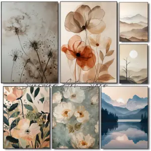 Floral Botanical Beige Floral Vintage Style Peony Flower Abstract Boho Wall Art Poster Canvas Painting Wall Pictures Home Decor