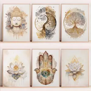 Nordic Tree of Life & Buddha Canvas Prints Modern Buddhist Lotus & Tai Chi Yoga Wall Art Poster for Living Room Spiritual Decor